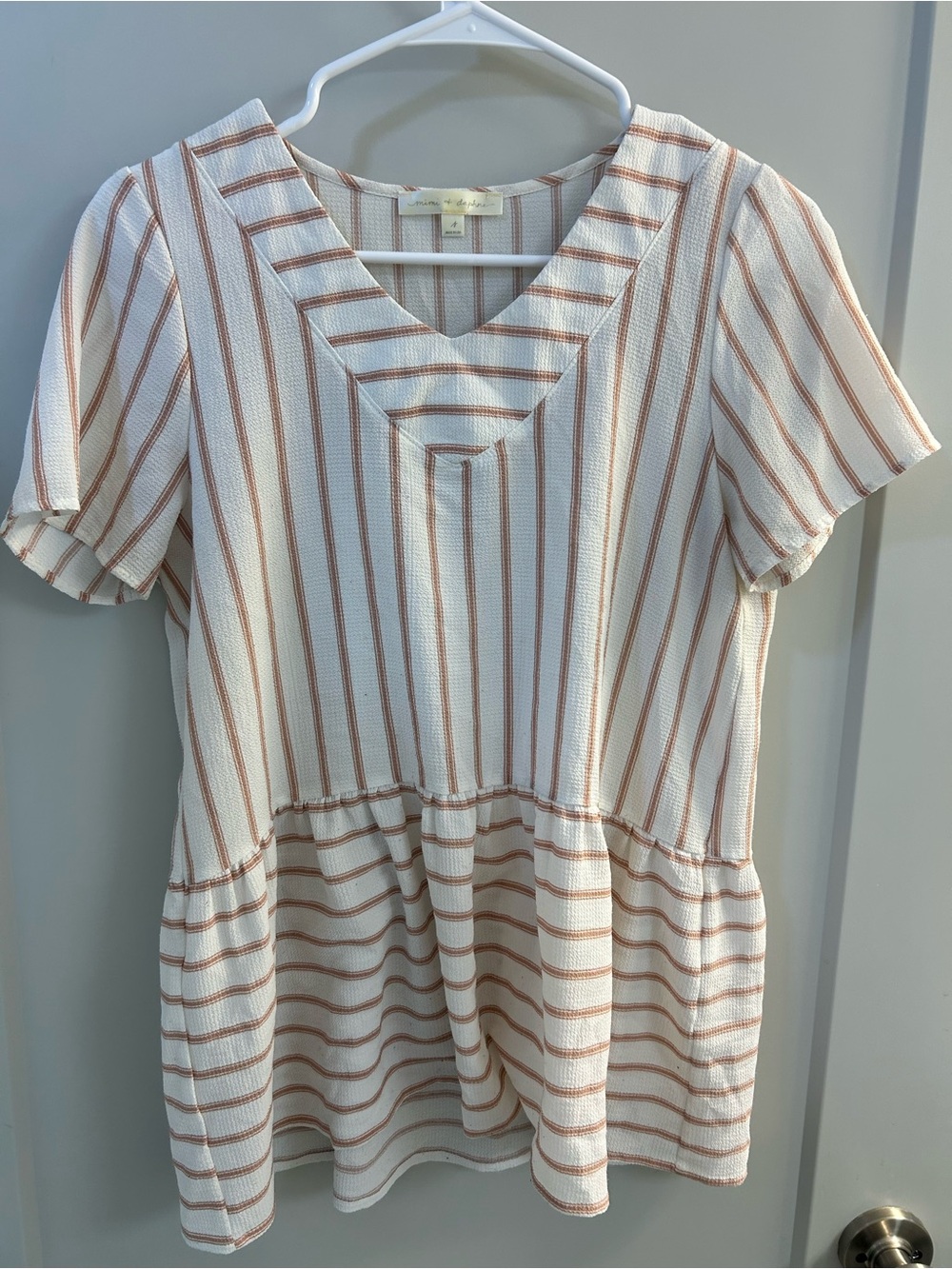 Mimi & Daphne Striped V-Neck Peplum Shirt in Cream and Tan